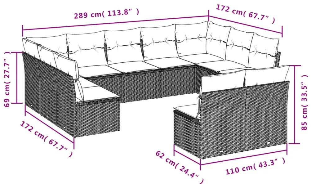11 pcs conjunto sofás de jardim c/ almofadões vime PE bege