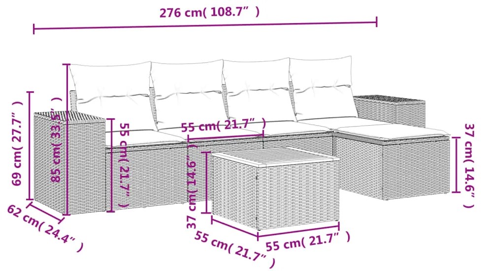 6 pcs conjunto de sofás p/ jardim com almofadões vime PE bege