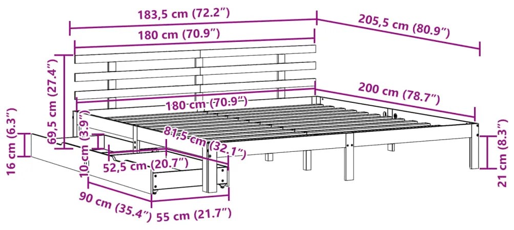 Estrutura de cama c/ gavetas 180x200 cm pinho maciça branco