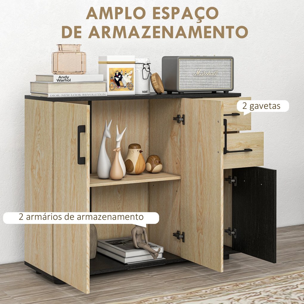 Aparador Estreito de Sala com 2 Portas, 2 Gavetas e Prateleira Ajustável 90x30x75,5 cm Natural e Preto