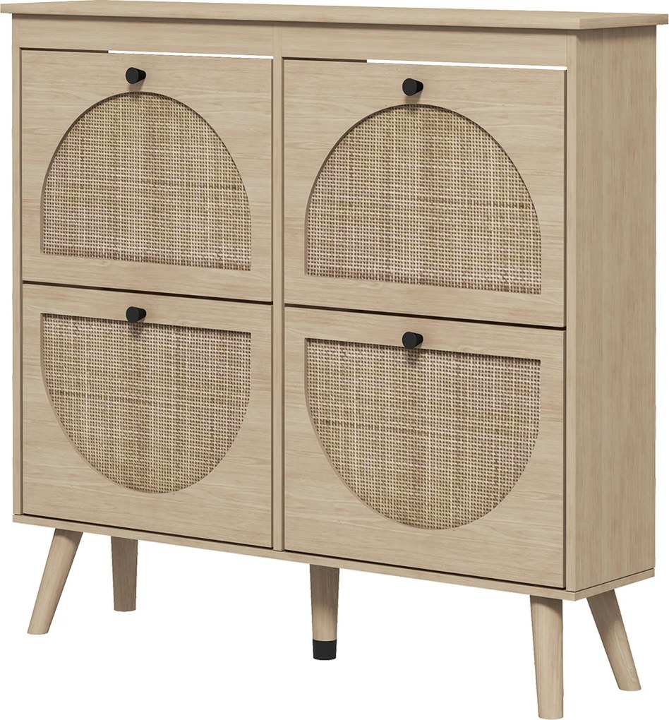 Sapateira com 4 portas basculantes, capacidade para 20 pares, prateleira ajustável, estilo boémio, pés em madeira maciça, 105 x 24 x 97,5 cm, acabamen