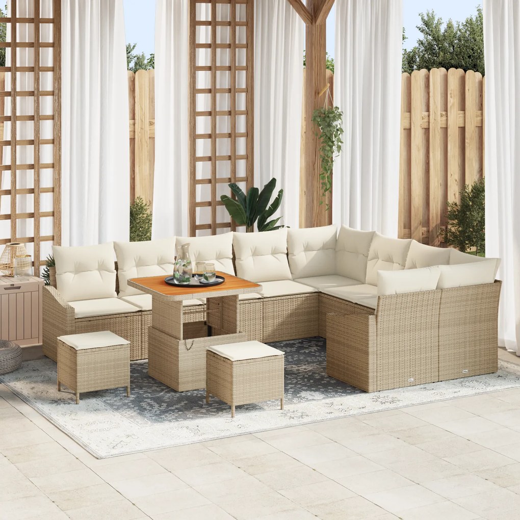 Conjunto de Sofá de Jardim vidaXL com 12 Peças e Almofadas Bege Rattan