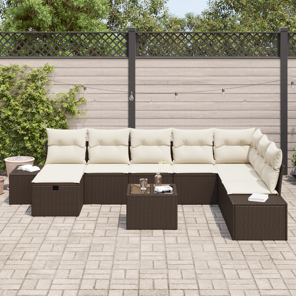 Conjunto de Sofás de Jardim de 9 peças com Almofadas Castanho Rattan P