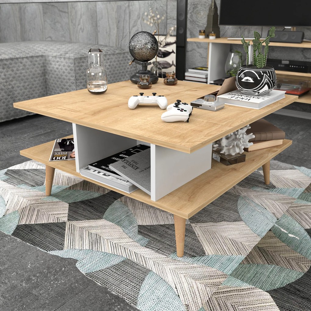 Mesa de Centro Akya – Carvalho e Branco – 89x89x44 cm