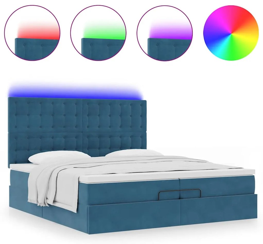 Cama otomana com colchões/LEDs 200x200 cm veludo azul-escuro