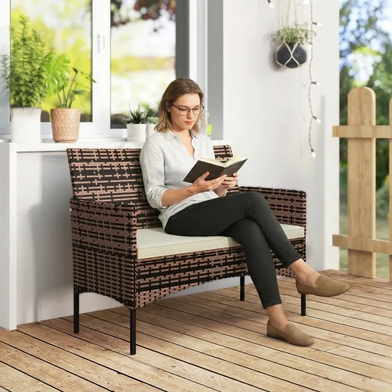 Sofá de Exterior em Rattan de 2 Lugares Sofá de Jardim com Almofada Lavável Estrutura de Aço para Varanda Caqui