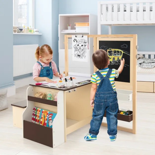 Conjunto de mesa e banco de arte para crianças com cavalete ajustável de dupla face, quadro magnético e rolos de papel substituíveis Castanho