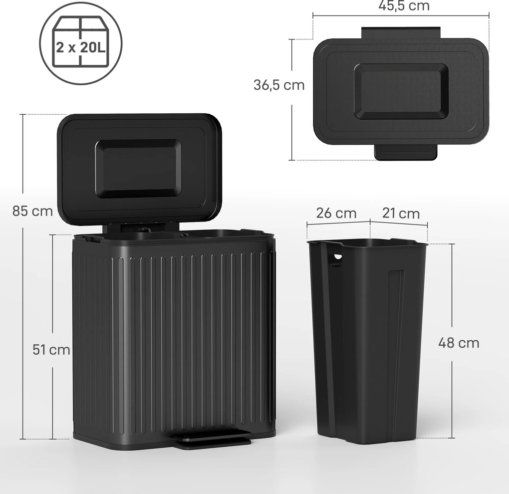 Caixote do lixo com dois compartimentos de 2 x 20 L, 45,5 x 36,5 x 51 cm com pedal, baldes interiores removíveis, preto