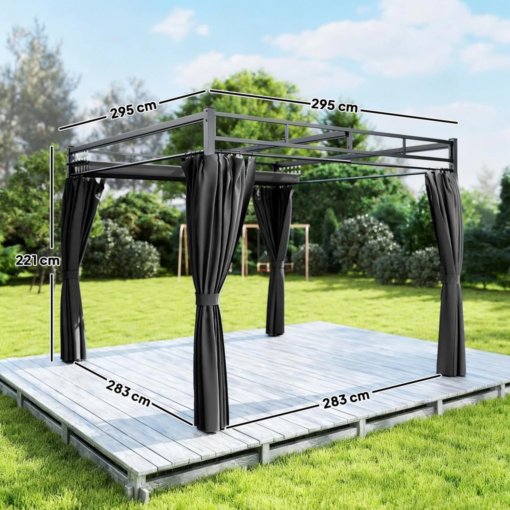 Pérgola de Jardim 295x295x221 cm com Teto Retrátil e Cortinas UPF30+ Estrutura Metálica Pérgola para Exterior Cinzento Escuro