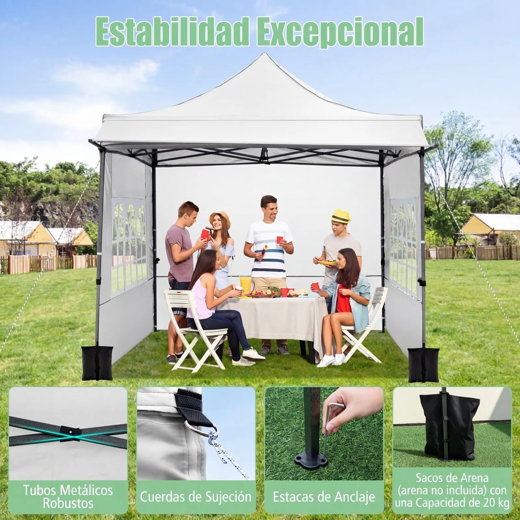 Tenda dobrável de 3x3 m com 3 paredes laterais, altura ajustável, 4 sacos de areia, cordas, estacas e saco com rodas para festas e acampamento, branca