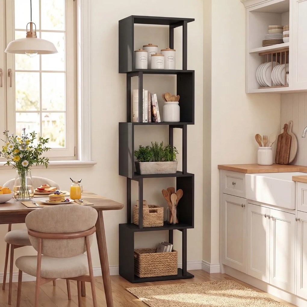 Estante de 5 prateleiras geométrica em forma de S com estrutura metálica e sistema anti-tombamento 38 x 23 x 147 cm Preta