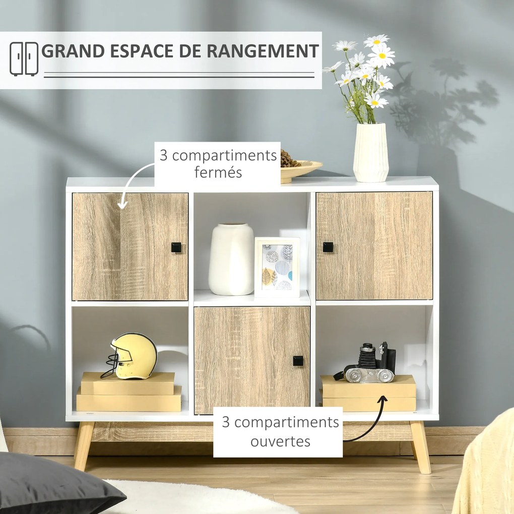 Móvel de arrumação com 9 cubos, 3 portas e 3 compartimentos abertos, pés em madeira de pinho 96 x 30 x 75 cm, branco e natural