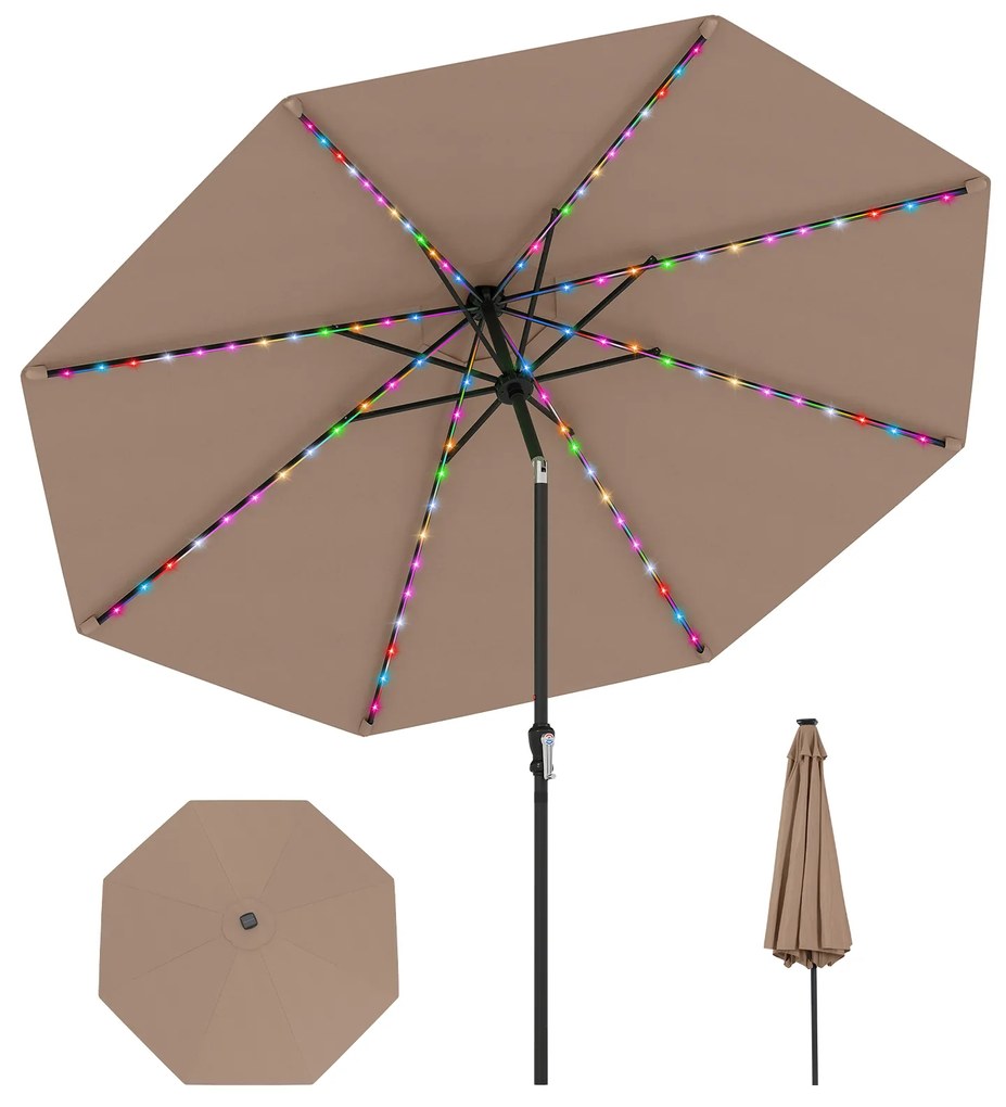 Guarda-sol de 300 cm com iluminação LED solar, 9 modos de iluminação, guarda-sol de jardim com manivela, café