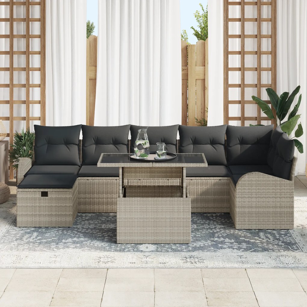 Conjunto de Sofá de 8 Peças com Almofadas Cinza Claro de Rattan Poliés