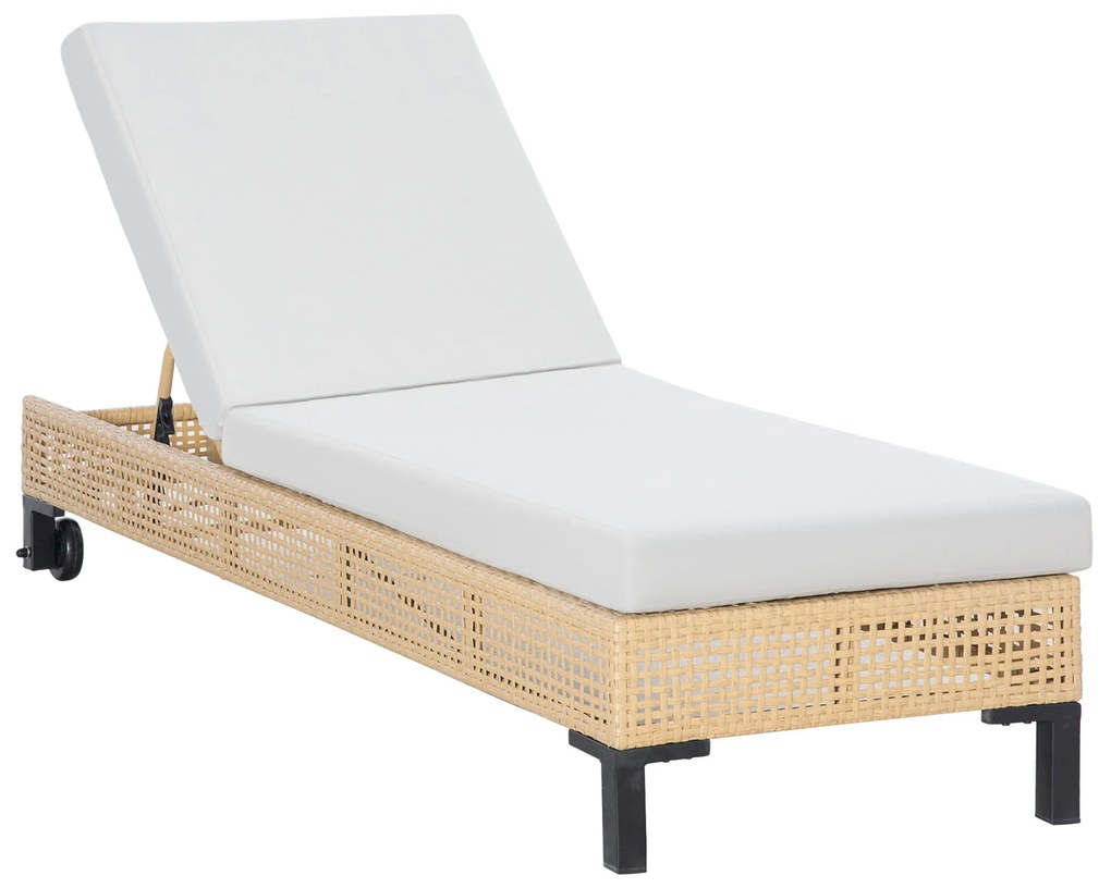 Outsunny Espreguiçadeira de Vime de Jardim Chaise Longue com Encosto Ajustável em 3 Posições Almofada Acolchoada e 2 Rodas para Terraço Exterior Aço 65x200x31cm Natural e Bege