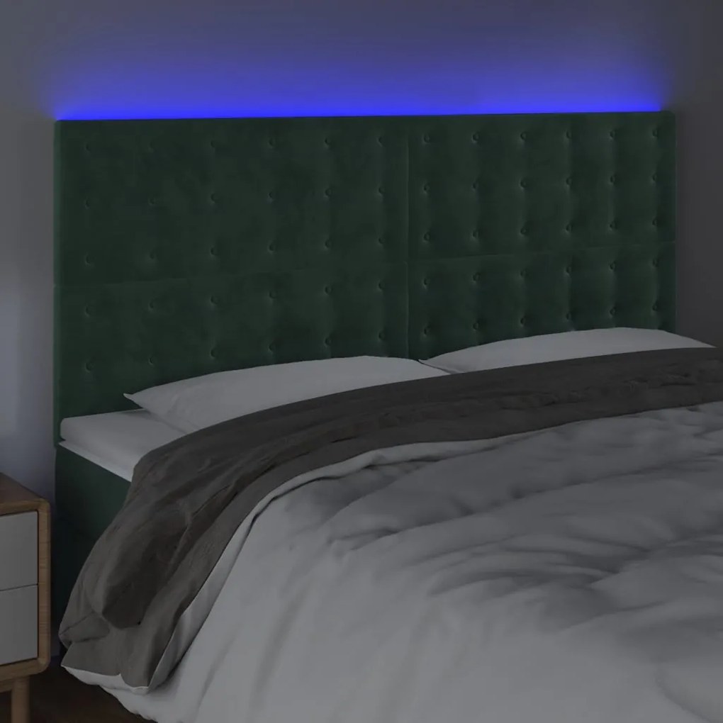Cabeceira de cama c/ LED veludo 160x5x118/128 cm verde-escuro