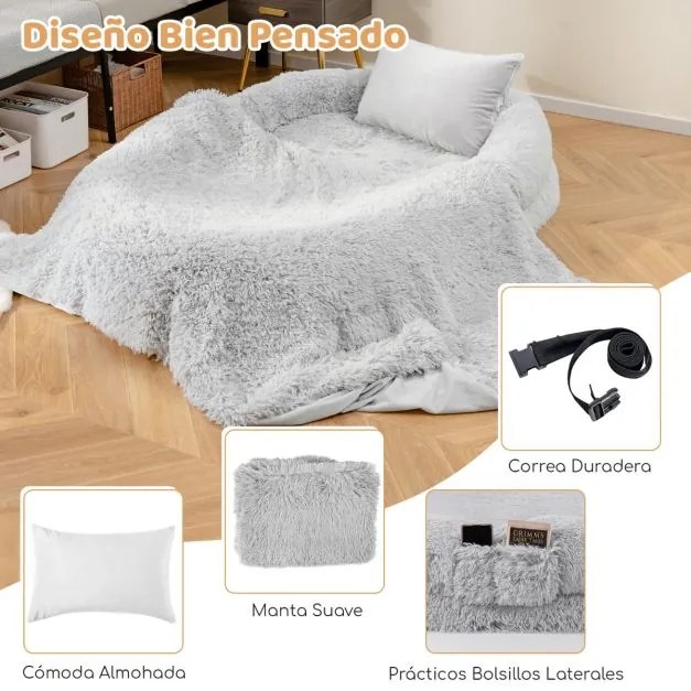 Cama de dormir lavável e fofa em pele sintética para animais de estimação e adultos com almofada 171 x 115 x 25 cm Cinzento