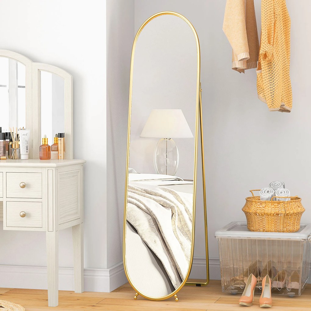 Espelho de Pé Oval 160x40 cm Espelho de Corpo Inteiro com Moldura Metálica Suporte e 2 Formas de Utilização Dourado