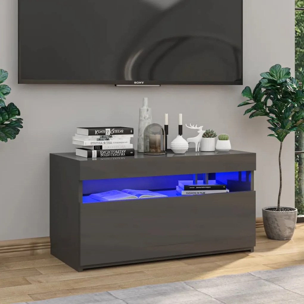 vidaXL Móvel de TV com luzes LED 75x35x40 cm cinzento brilhante