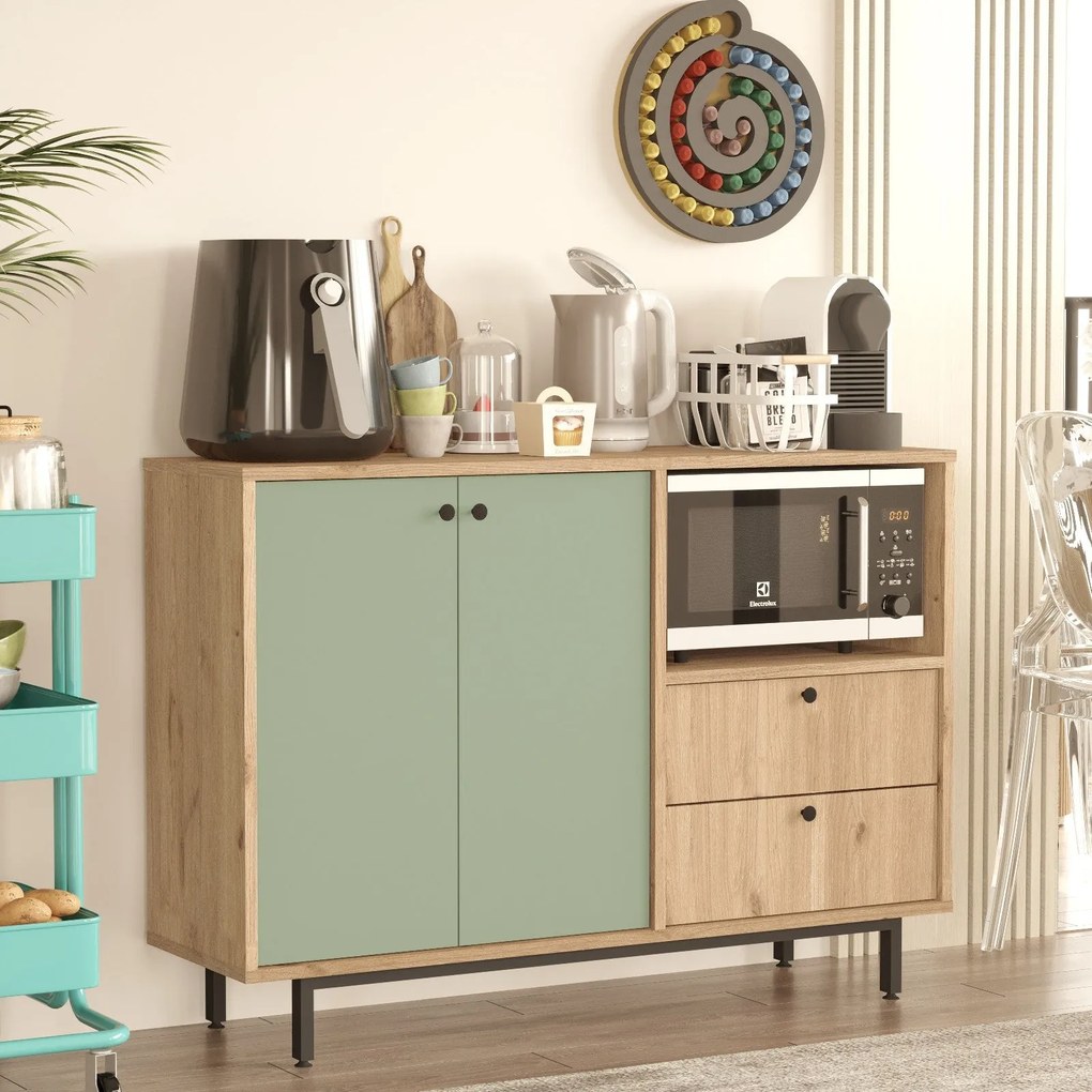 Aparador de cozinha "Toledo" - Carvalho e Verde - 120x85x35.5cm - Desi