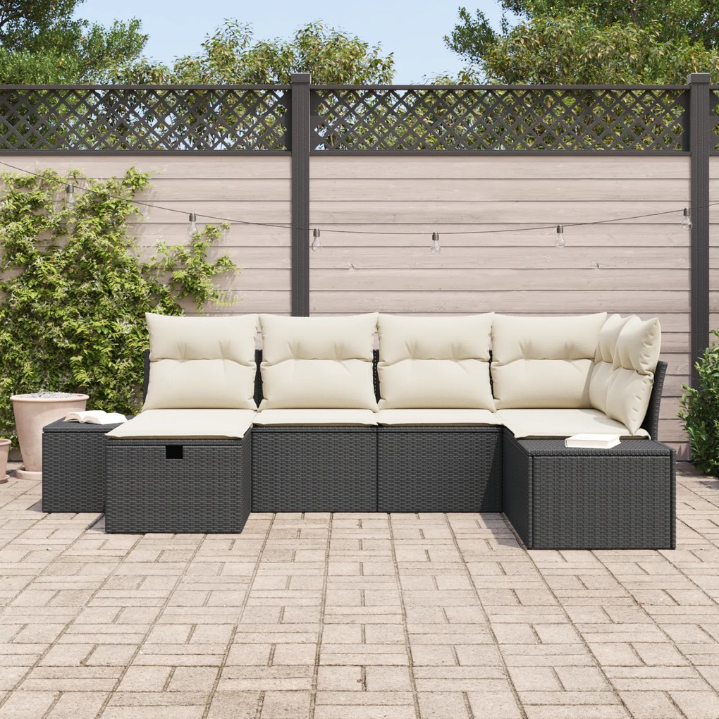 Conjunto de Sofá de Jardim de 6 Peças com Almofadas em Rattan Preto