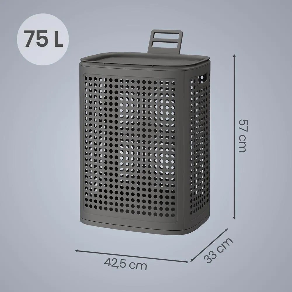 Cesto de roupa suja em plástico, cesto de 75 L, 42,5 x 33 x 57 cm cinzento escuro