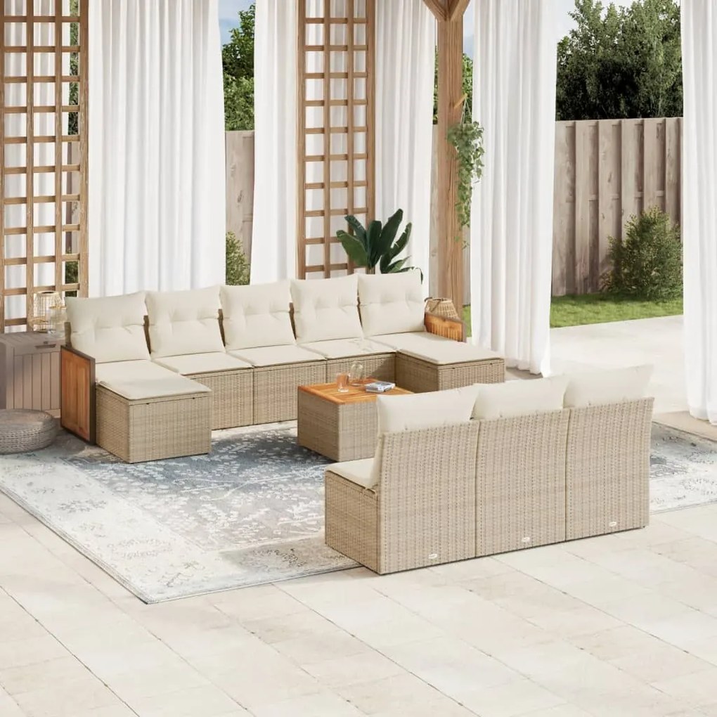 11 pcs conjunto sofás de jardim c/ almofadões vime PE bege