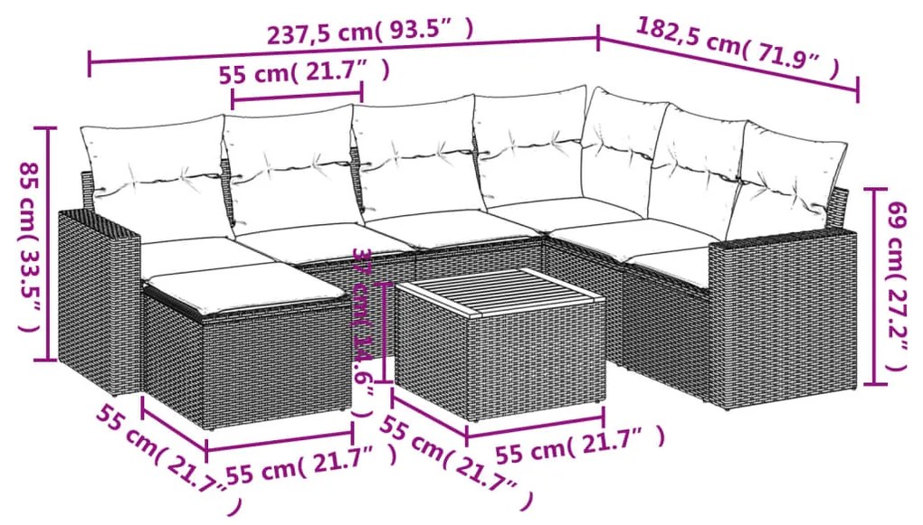 8 pcs conjunto de sofás p/ jardim com almofadões vime PE bege
