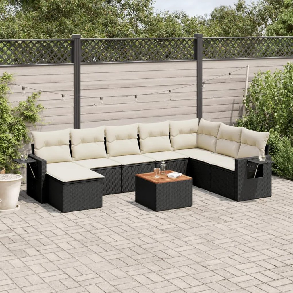 9 pcs conjunto de sofás p/ jardim c/ almofadões vime PE preto
