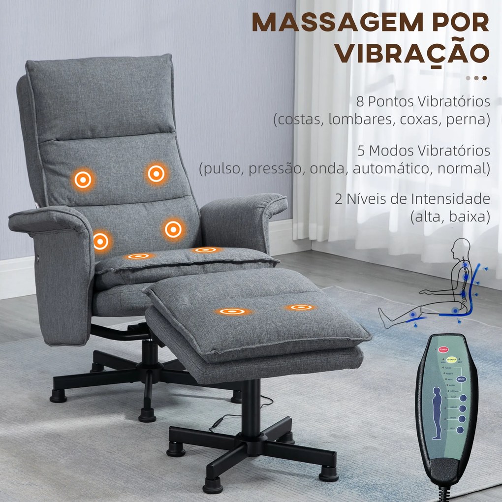 HOMCOM Poltrona Relax com Massagem e Apoio para os Pés Poltrona de Massagem Estofada em Linho com Controlo Remoto e 8 Áreas de Massagem Carga Máxima 120kg 78x81x99cm Cinza
