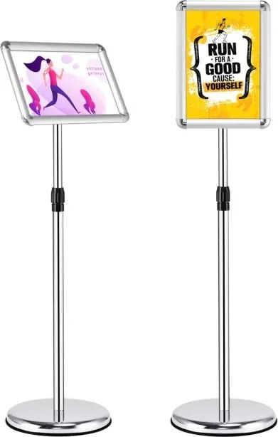 Conjunto de 2 suportes de pé A4 para cartazes de metal, cartazes de quadro, menus, publicidade exterior, altura ajustável, giratório, prateado