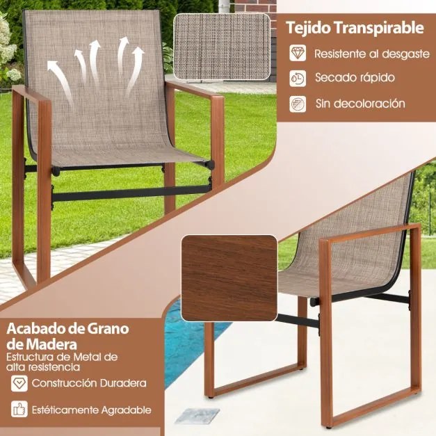 Conjunto de 2 cadeiras de jantar de jardim com encosto e apoios de braços em tecido Castanho