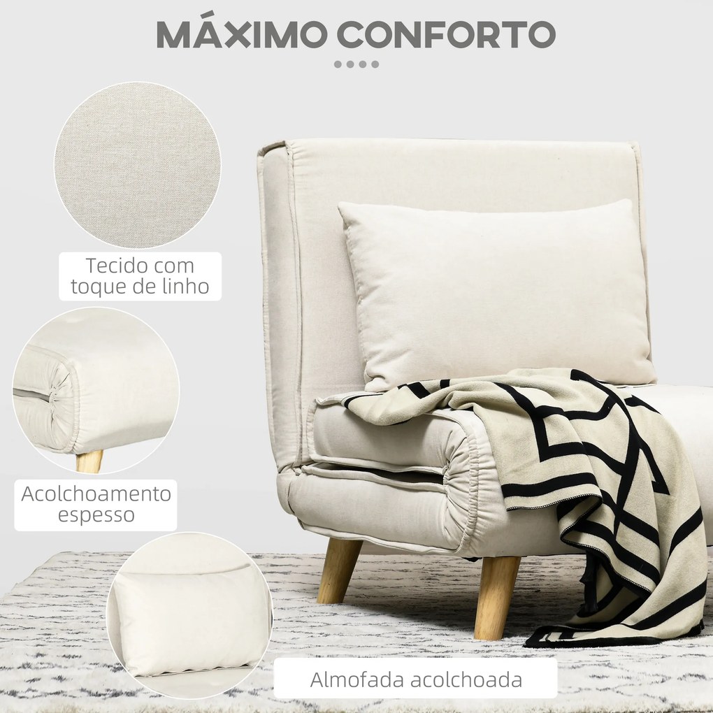 Sofá Cama Individual Poltrona Cama Dobrável Estofada em Linho Sintético com Encosto Ajustável em 6 Posições 72x78x79 cm Creme
