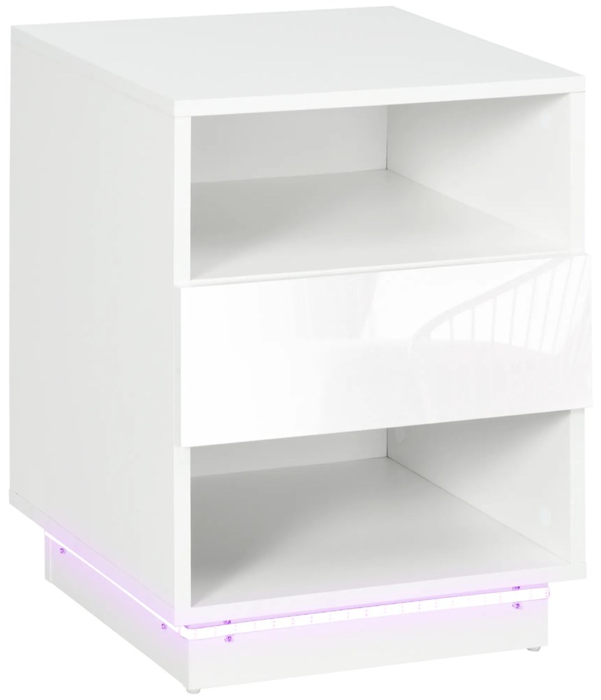 Mesa de Cabeceira Moderna com Luz LED Controlo Remoto Gaveta de Alto Brilho e 2 Prateleiras 40x40x55 cm Branco