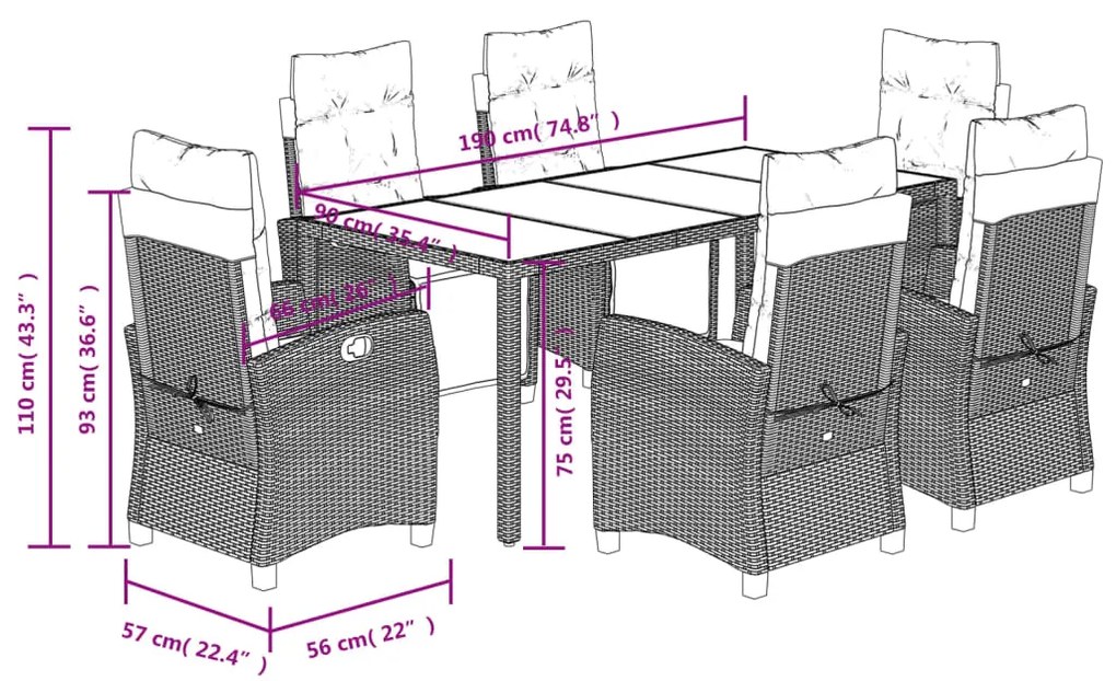 7 pcs conjunto de jantar p/ jardim c/ almofadões vime PE cinza