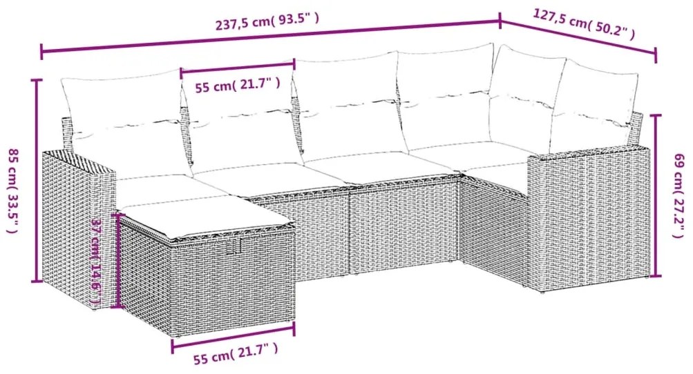6 pcs conjunto sofás de jardim c/ almofadões vime PE preto