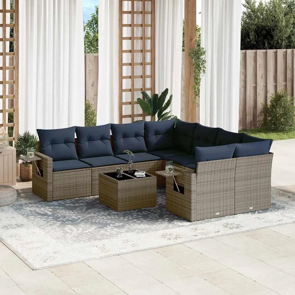 vidaXL 9 pcs conjunto sofás p/ jardim c/ almofadões vime PE cinzento
