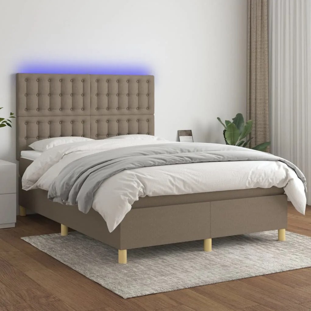 vidaXL Cama box spring colchão/LED 140x200 cm tecido cinza-acastanhado