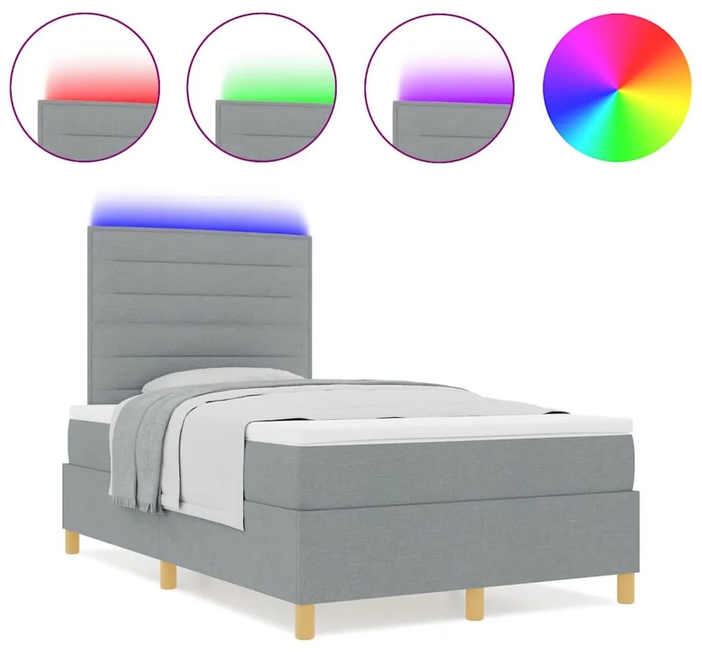 Cama Box com Colchão &amp; Luz LED Cinza Claro 120x200 cm Tecido
