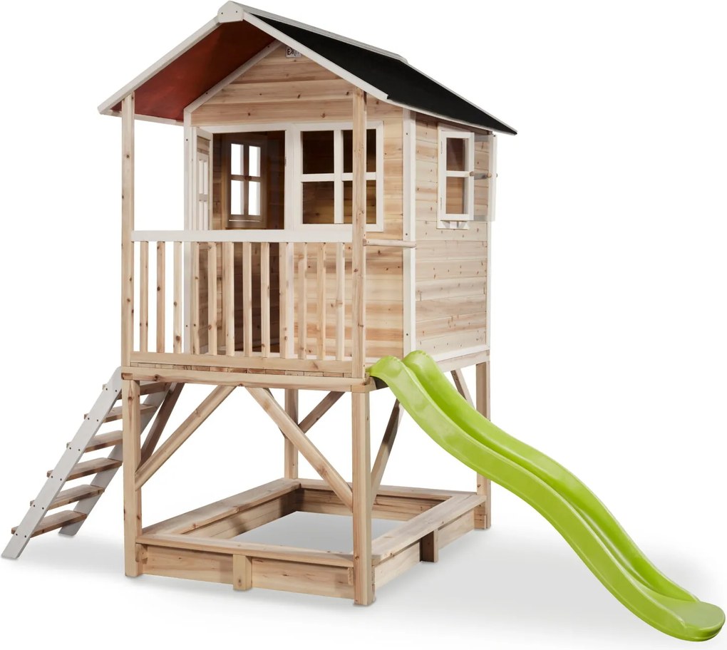 Casa de brincar infantil exterior para crianças Loft 500 em madeira com escorrega e caixa areia - natural