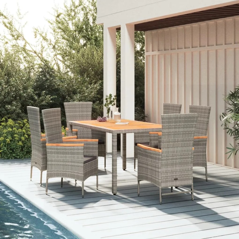 vidaXL 7 pcs conjunto de jantar p/ jardim c/ almofadões vime PE cinza