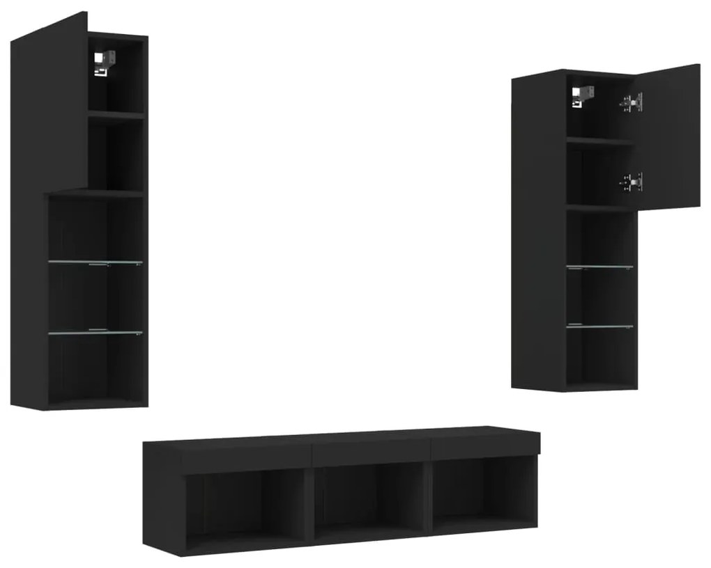 5 pcs móveis de parede p/ TV c/ LEDs derivados de madeira preto