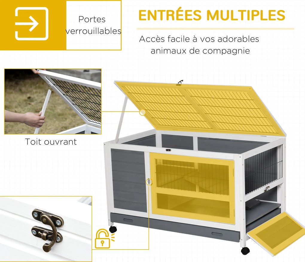 Coelheira de madeira para coelhos 102 C x 60 L x 63,5 A cm, modelo «villa», com tabuleiro deslizante, porta com fechadura e tampa que se abre, na cor