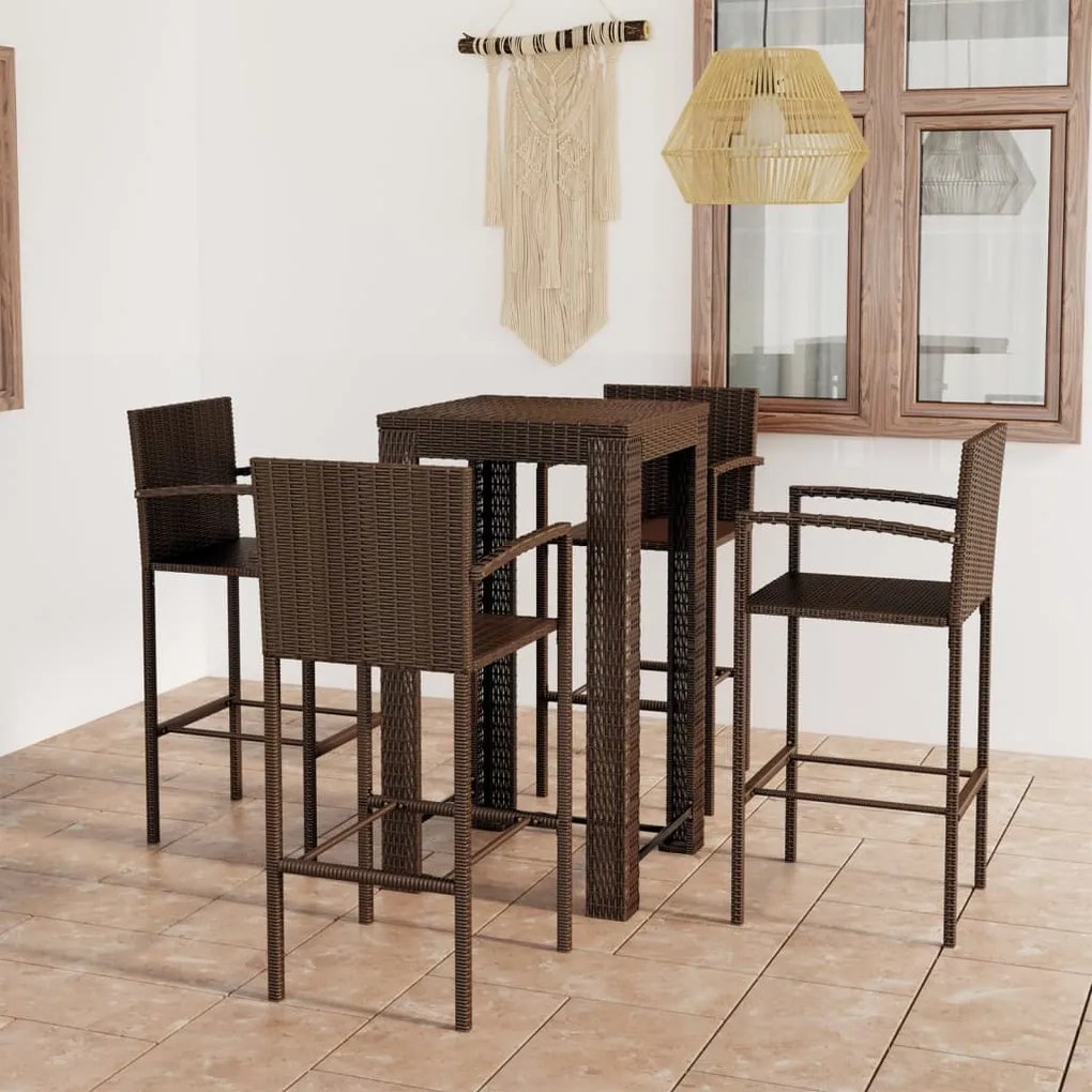 vidaXL 5 pcs conjunto bar exterior c/ apoio de braços vime PE castanho