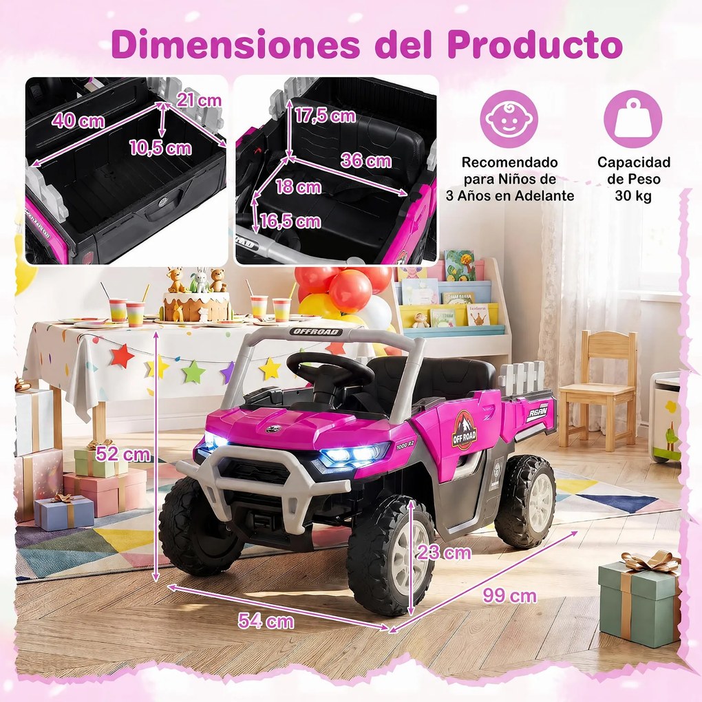 Carrinho Elétrico Infantil 12V para crianaças 2 a 5 anos, 99 x 54 x 52 cm, 12V com Dois Motores, Rosa