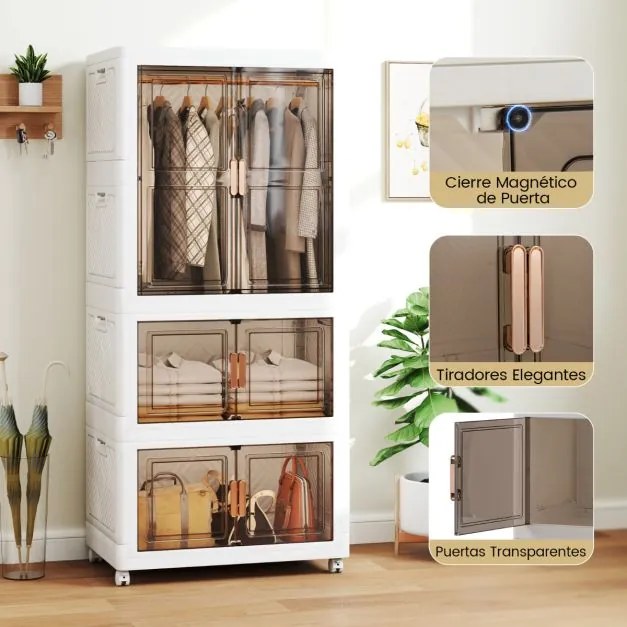 Caixas de arrumação dobráveis 421 L  71 x 46 x 156 cm com tampa de plástico portátil com 10 ganchos 2 Rodas Branco + Castanho