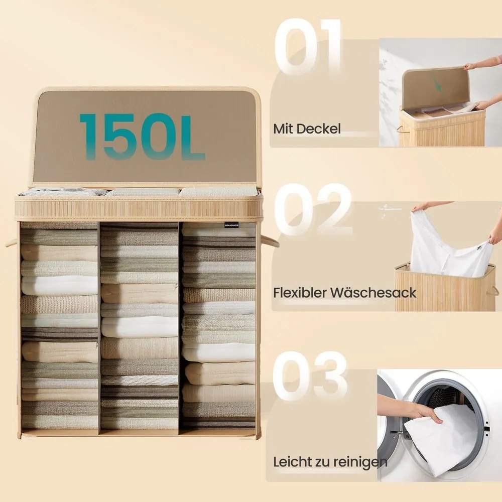 Cesto para roupa suja em bambu de 41,5 x 62,5 x 61 cm bege