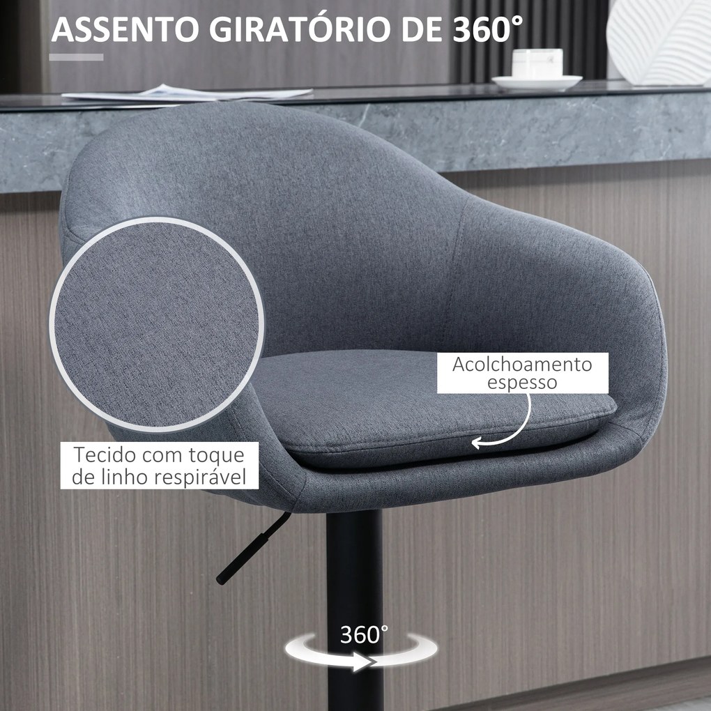 Banco Alto de Cozinha com Altura Ajustável Banco de Bar Estofado com Apoio para o Pés 54x54x92-112 cm Cinza Escuro