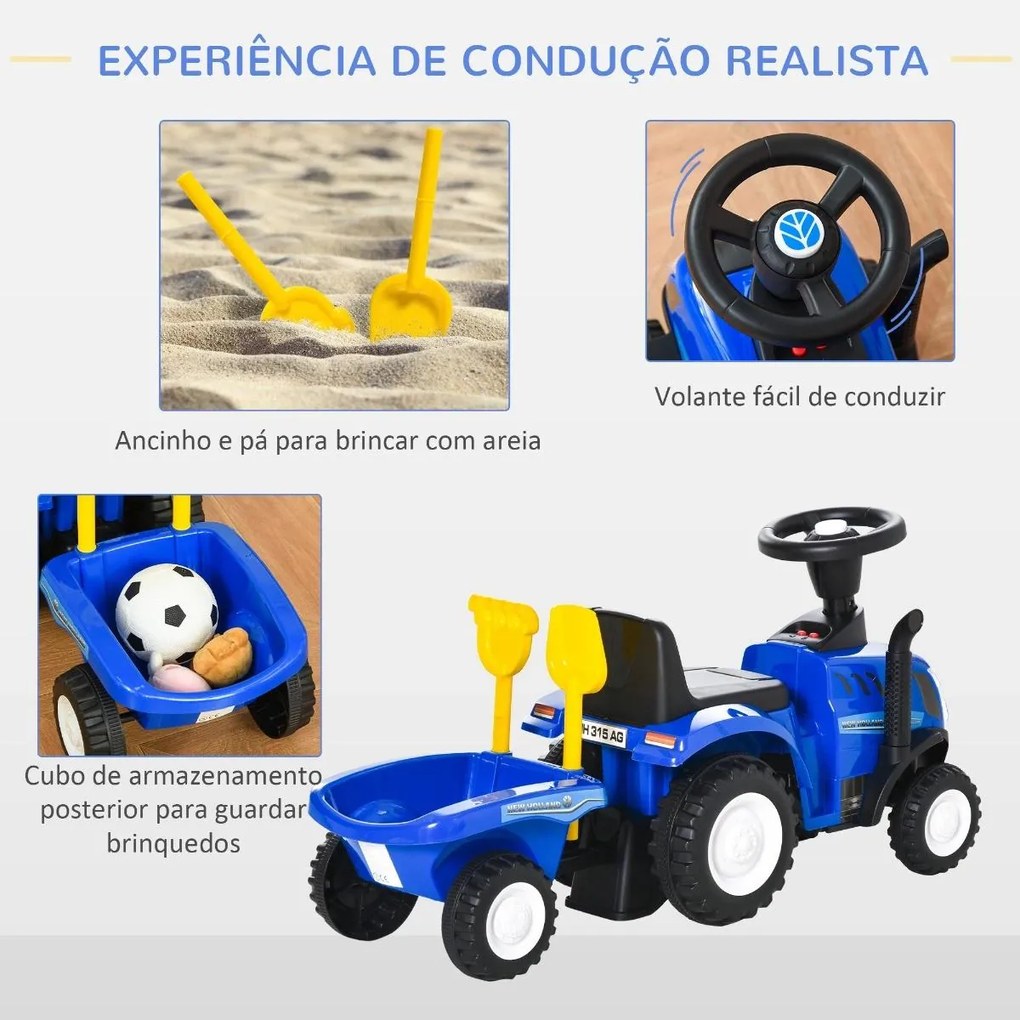 Trator andarilho para Crianças de 12-36 Meses com Reboque Removível Carro Andador com Buzina Farol Pá e Ancinho Carga 25kg 91x29x44cm Azul
