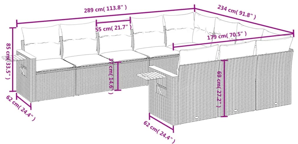10 pcs conjunto sofás p/ jardim c/ almofadões vime PE cinzento